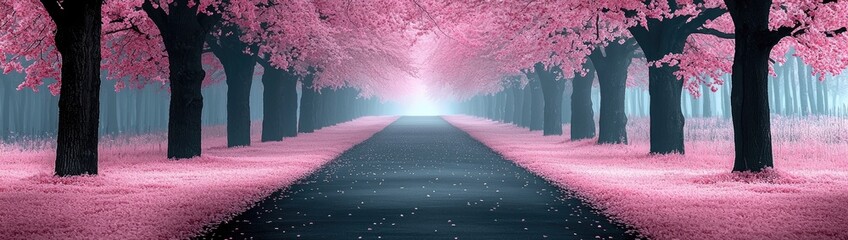 Dreamy Cherry Blossom Orchard in Full Spring Bloom with Falling Petals and Soft Pink Serenity
