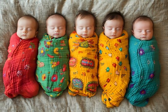 Five sleeping newborn babies swaddled in colorful quilted wraps of red, green, yellow, orange and turquoise, lying side by side on textured beige fabric background.