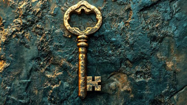 Antique skeleton key rotates against rustic stone wall displaying intricate metalwork details