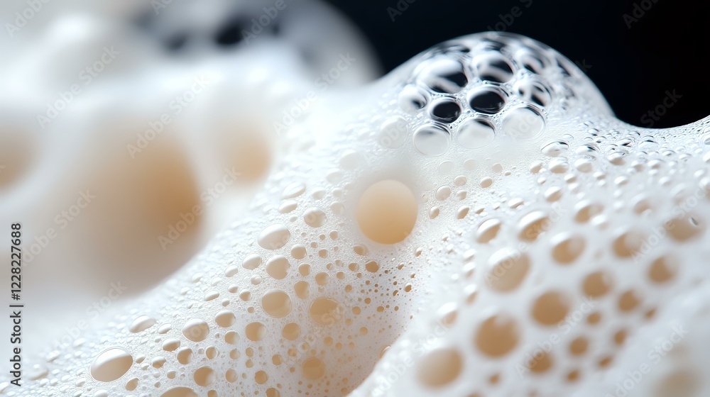 Poster delicate soap foam macro with soft bubbles creating abstract pattern in white and beige tones on dar
