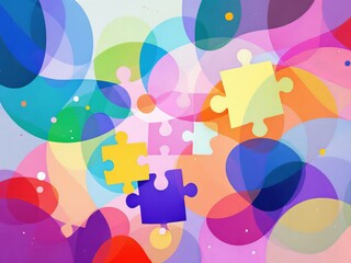 Abstract background with colorful overlapping circles and puzzle pieces on a light surface