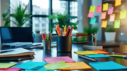 Dynamic workspace: vibrant office supplies on desktop with sticky notes and plants