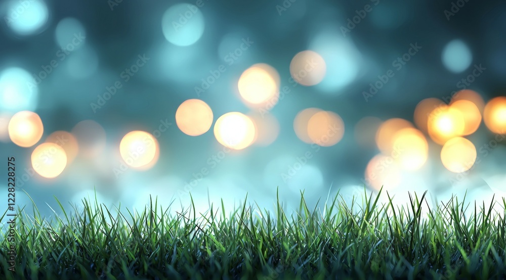 Poster blurry image of a grassy field with a few lights in the background