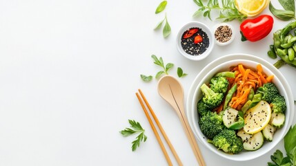 Delicious vegetable bowl with carrots broccoli and lemon