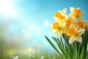 Bunch of yellow flowers are in a field of green grass