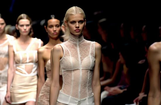 Fashion models walking on runway during fine lingerie fashion show. Fashion models wearing elegant lingerie are walking on the runway during a fashion show