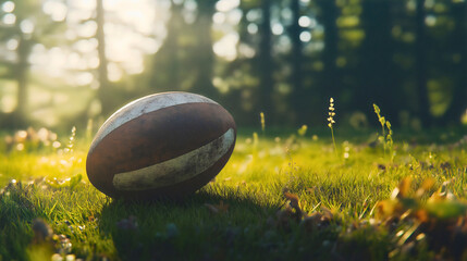 Dynamic Rugby Game on Autumn Grass Field with Playful Teamwork and Sunlight