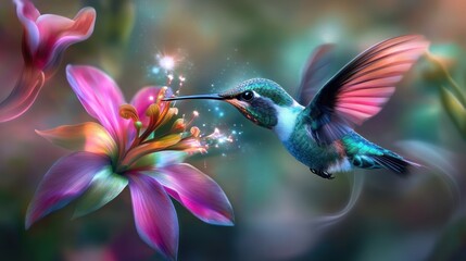 Fototapeta premium Hummingbird in Flight Near Vibrant Flowers