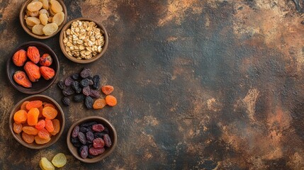 Assorted Dried Fruits and Oatmeal in Bowls