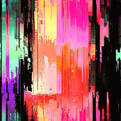 An abstract digital glitch artwork with pixelated fragments and distorted patterns, neon colors, and cyberpunk aesthetics