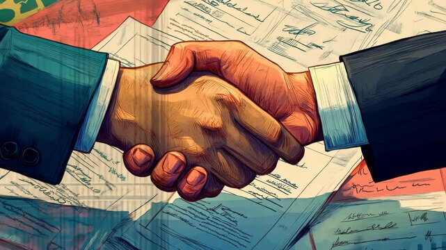 Business contractual agreement depicted by firm handshake over legal documents