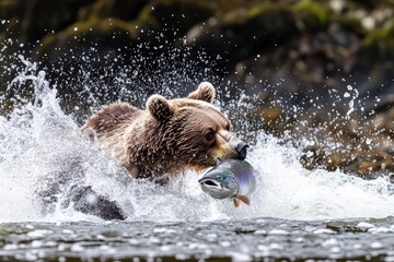 Obraz premium A brown bear fiercely hunts for salmon in a rushing river, demonstrating power and agility. Water splashes dramatically as the bear seizes its prey in a captivating display of nature