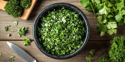 A weathered mortar and pestle brimming with fresh herbs, resting on a wooden surface, embodying natural cooking traditions, organic lifestyles, and classic food preparation methods.