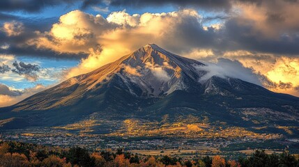 Fototapeta premium Majestic Mountain Peak Sunset Cloudscape Over Town