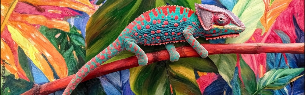 Poster a chameleon with intricate skin texture showcases its ability to blend into a tropical branch. the s