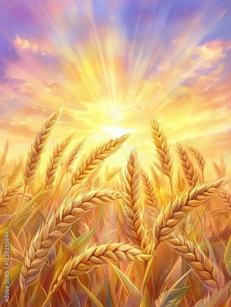 Poster Golden rays illuminate fields of wheat during a serene sunset. Generative AI