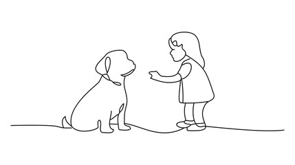A cute illustration made with minimalist lines, showing a happy moment shared by a girl with her dog in an urban area.