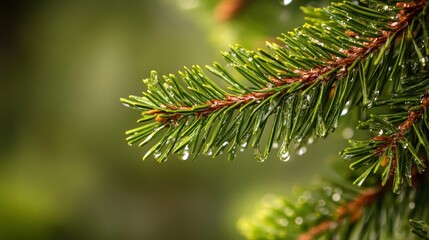 Dew Drops Adorn Lush Green Pine Branch
