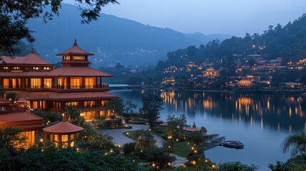 Obraz premium Mountain resort twilight lake view