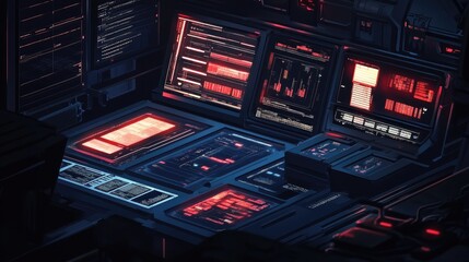 Futuristic Control Room Data streams flow across multiple screens in a dimly lit, high-tech environment, ideal for cybersecurity or tech concepts
