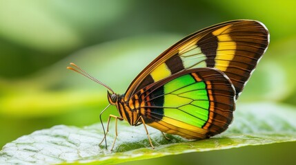 A vibrant green and yellow butterfly rests on a leaf