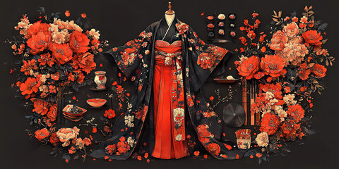 Kimono decorated with red flowers on a black background, accompanied by tableware and traditional Japanese elements. Generated with AI.