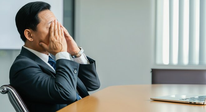 Stressed asian male adult in office suit covering face at work desk