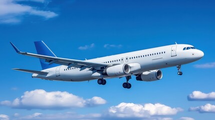 Naklejka premium Commercial airliner approaches landing over a clear blue sky with fluffy white clouds. Generative AI