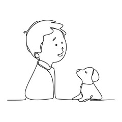 A drawing of a happy child spending time with his dog in an urban environment. A simple yet meaningful illustration on a white background. Friendship shaped with continuous lines.