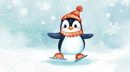Cute penguin ice skate cartoon style