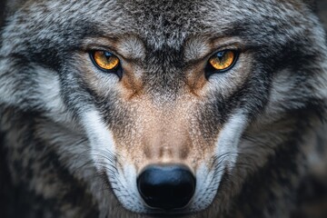 Fototapeta premium Capturing the fierce amber gaze of a wolf, this close-up reveals the intricate details of its fur and eyes, showcasing the wilderness in stunning clarity and depth