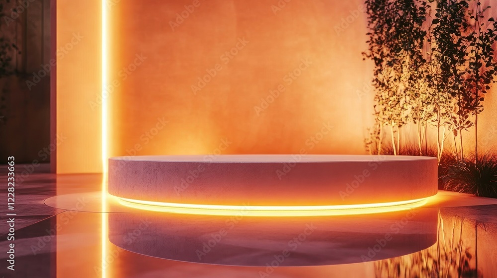 Poster illuminated circular platform with ambient orange lighting