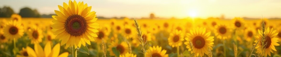 Field of fire marguerite with sunflowers and wheat, yellow, nature, fields
