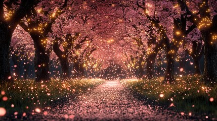 Dreamy Cherry Blossom Orchard in Full Spring Bloom with Falling Petals and Soft Pink Serenity