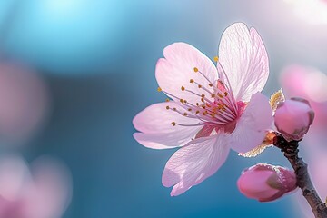Close up of a pink flower with a blue background