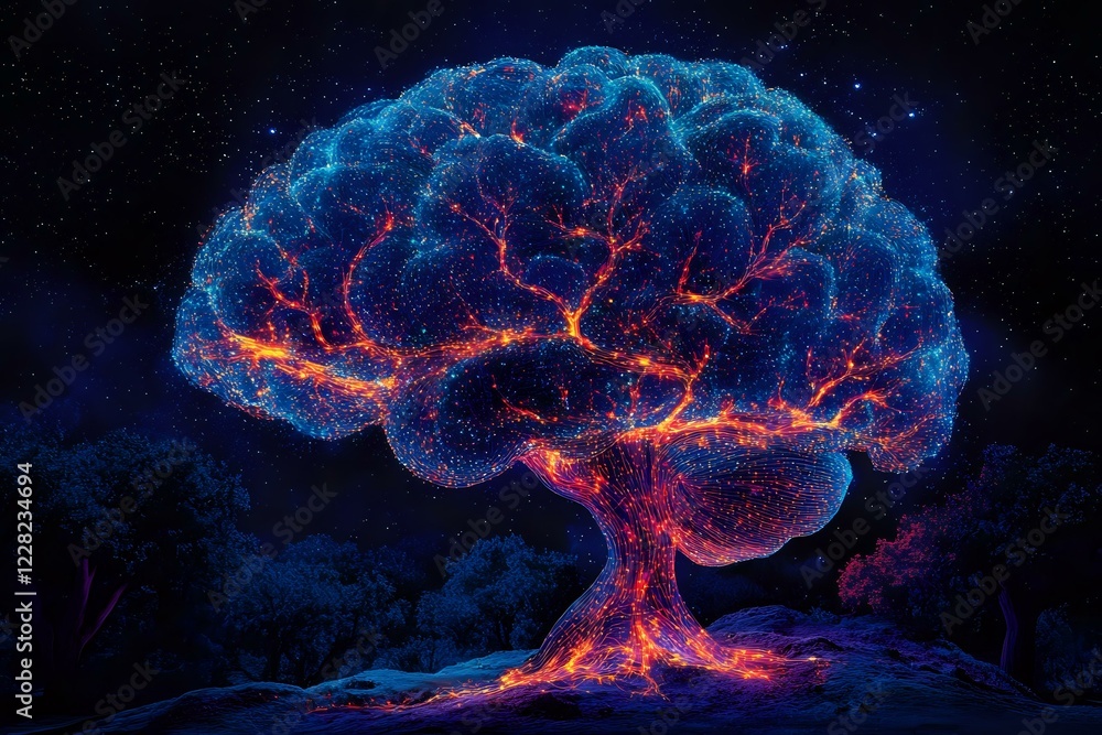 Poster glowing brain shaped tree with luminous blue and orange neural networks against dark starry backgrou
