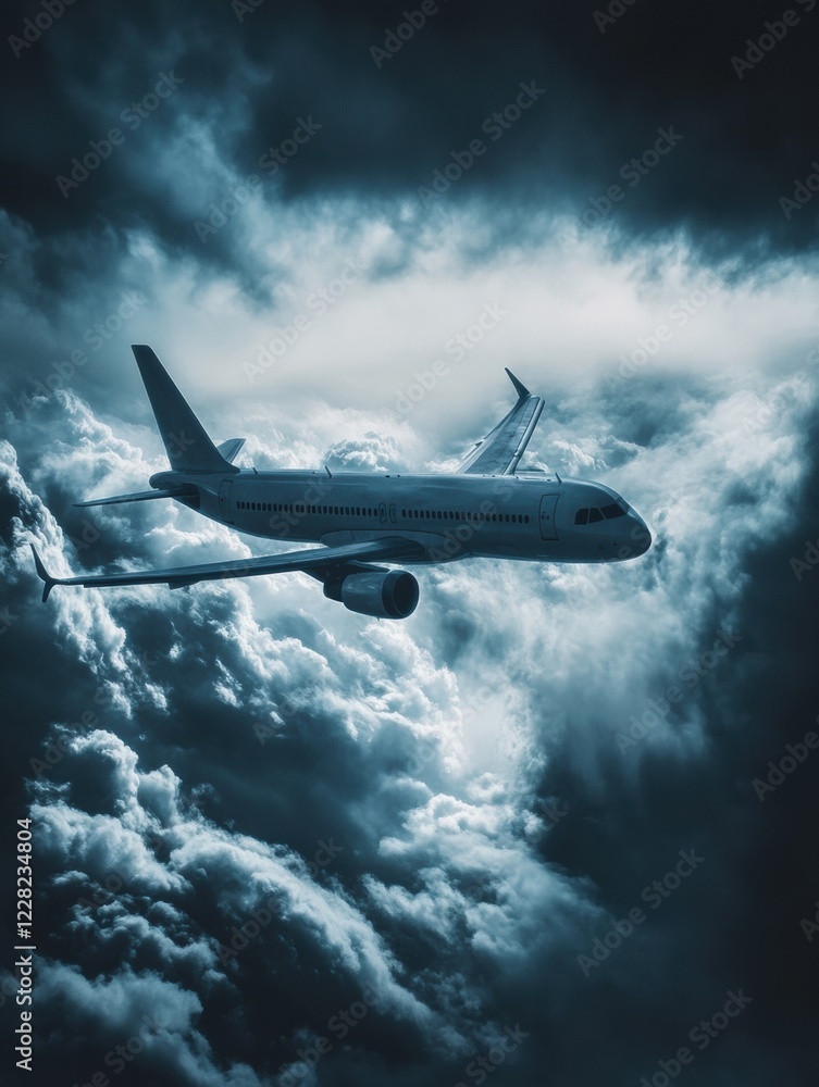 Poster dark clouds surround an airplane flying through a turbulent sky during a late evening flight. genera