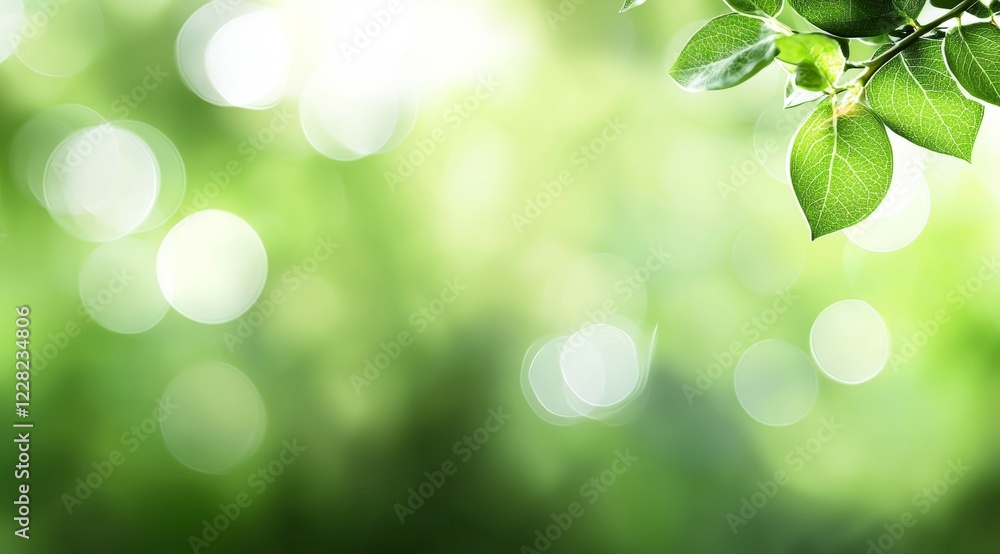 Poster leafy green background with a leafy branch in the foreground