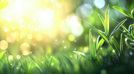 Obraz premium Field of green grass with a bright sun shining on it