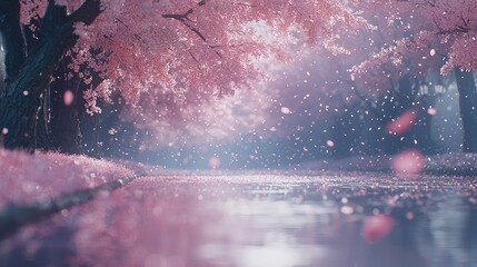 Dreamy Cherry Blossom Orchard in Full Spring Bloom with Falling Petals and Soft Pink Serenity