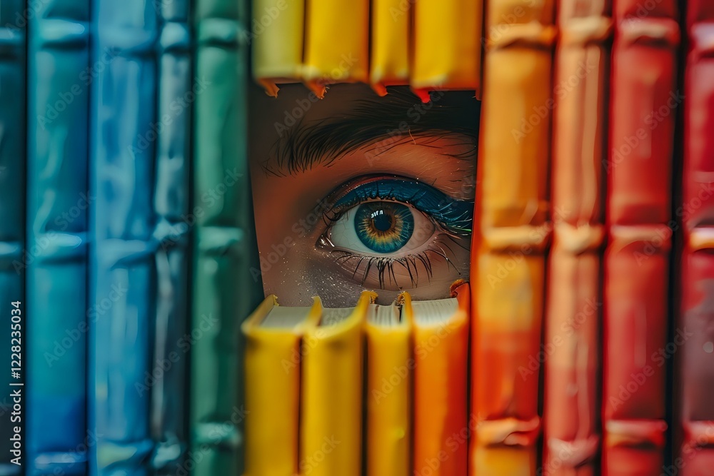 Poster close-up view of bright blue eye peeking through colorful books on shelf, creating mysterious and ar