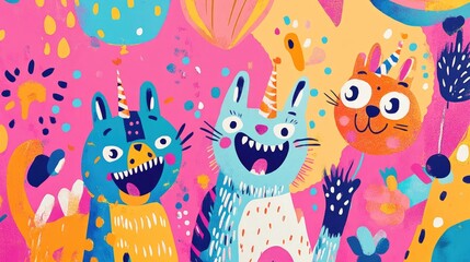 Fototapeta premium Festive Cats and Bunny Partying in Colorful Abstract Background for Celebration Design