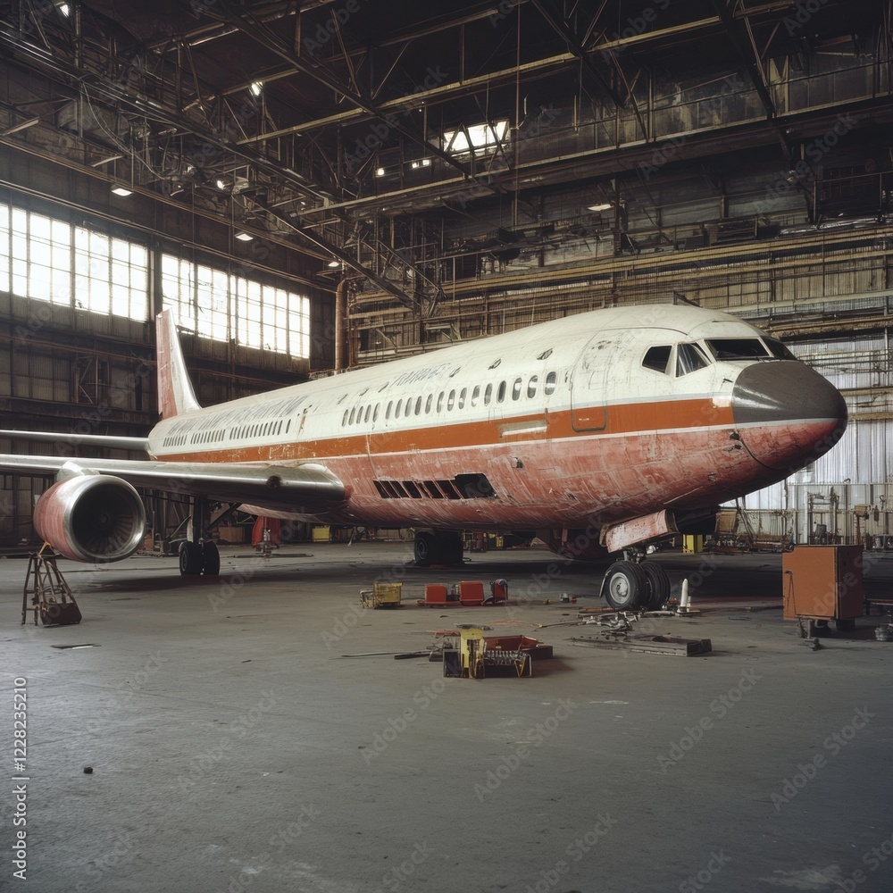 Poster abandoned airplane rests inside a large hangar with natural light pouring through the windows. gener