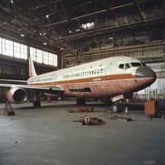 Obraz premium Abandoned airplane rests inside a large hangar with natural light pouring through the windows. Generative AI