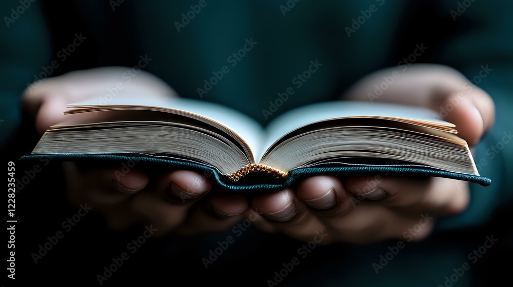 Poster open book held in hands against dark background, shallow depth of field creates dreamy atmosphere. p