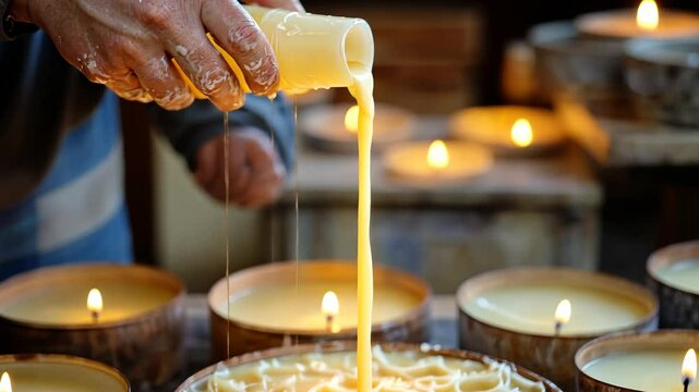 Handcrafted candlemaking: pouring molten wax into rustic wooden molds by candlelight