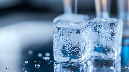 Frozen ice cubes with water droplets in macro photography against blurred blue background, refreshing cold drink concept for summer beverage advertising.