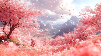 Dreamy Cherry Blossom Orchard in Full Spring Bloom with Falling Petals and Soft Pink Serenity