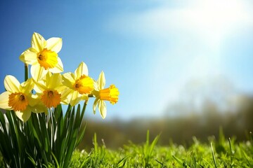 Obraz premium Field of yellow daffodils with a blue sky in the background