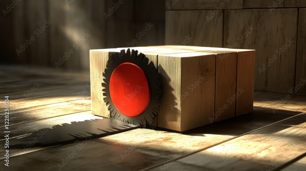 Poster wooden block with circular red center and black fringe